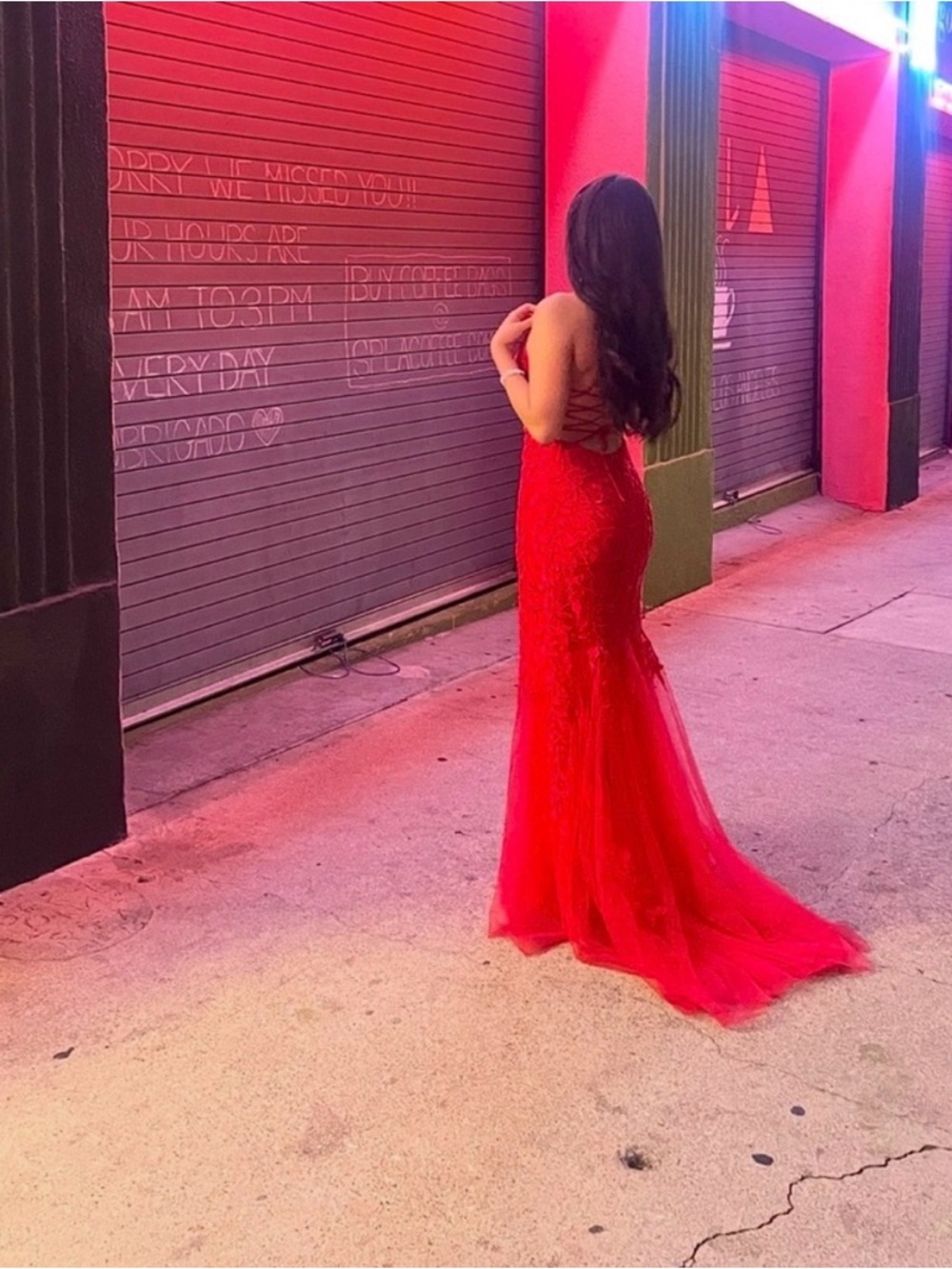 Red Lace Back Mermaid prom dress